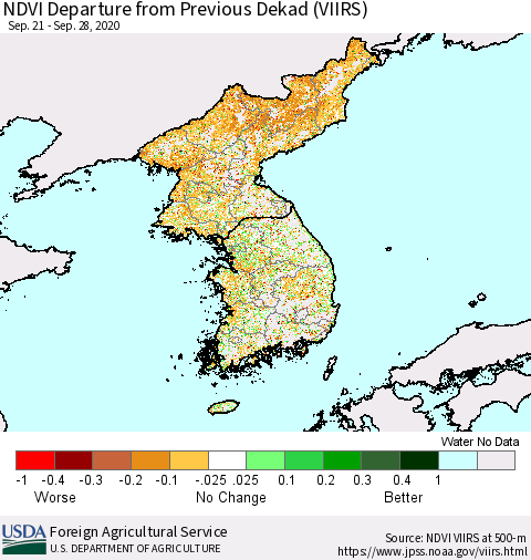 Korea NDVI Departure from Previous Dekad (VIIRS) Thematic Map For 9/21/2020 - 9/30/2020