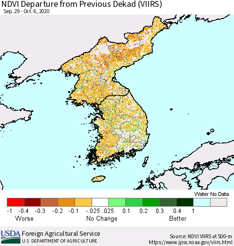 Korea NDVI Departure from Previous Dekad (VIIRS) Thematic Map For 10/1/2020 - 10/10/2020