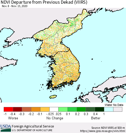 Korea NDVI Departure from Previous Dekad (VIIRS) Thematic Map For 11/11/2020 - 11/20/2020