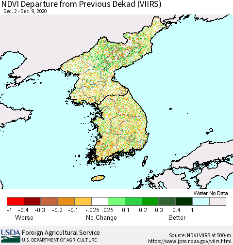 Korea NDVI Departure from Previous Dekad (VIIRS) Thematic Map For 12/1/2020 - 12/10/2020