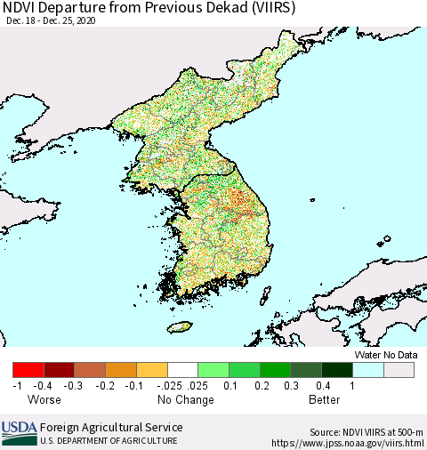 Korea NDVI Departure from Previous Dekad (VIIRS) Thematic Map For 12/21/2020 - 12/31/2020