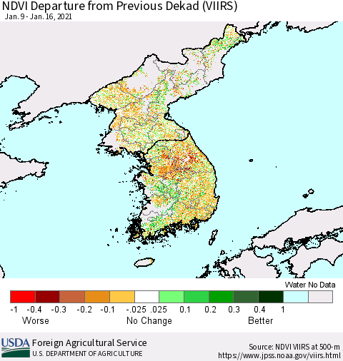 Korea NDVI Departure from Previous Dekad (VIIRS) Thematic Map For 1/11/2021 - 1/20/2021