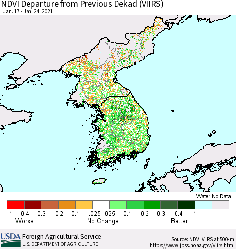 Korea NDVI Departure from Previous Dekad (VIIRS) Thematic Map For 1/21/2021 - 1/31/2021