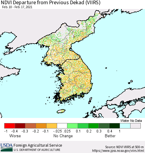 Korea NDVI Departure from Previous Dekad (VIIRS) Thematic Map For 2/11/2021 - 2/20/2021