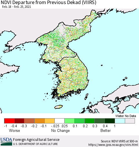 Korea NDVI Departure from Previous Dekad (VIIRS) Thematic Map For 2/21/2021 - 2/28/2021