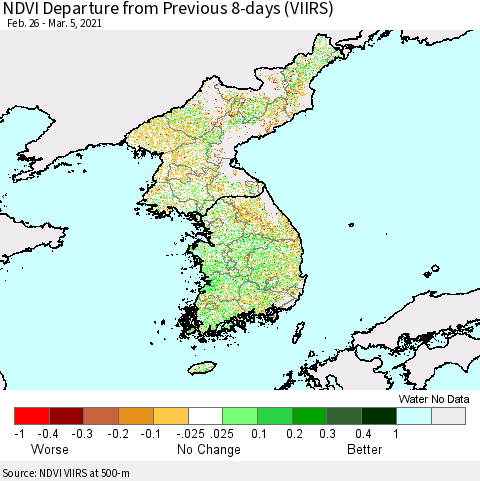 Korea NDVI Departure from Previous 8-days (VIIRS) Thematic Map For 2/26/2021 - 3/5/2021
