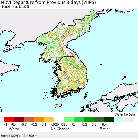 Korea NDVI Departure from Previous 8-days (VIIRS) Thematic Map For 3/6/2021 - 3/13/2021