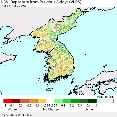 Korea NDVI Departure from Previous 8-days (VIIRS) Thematic Map For 3/14/2021 - 3/21/2021