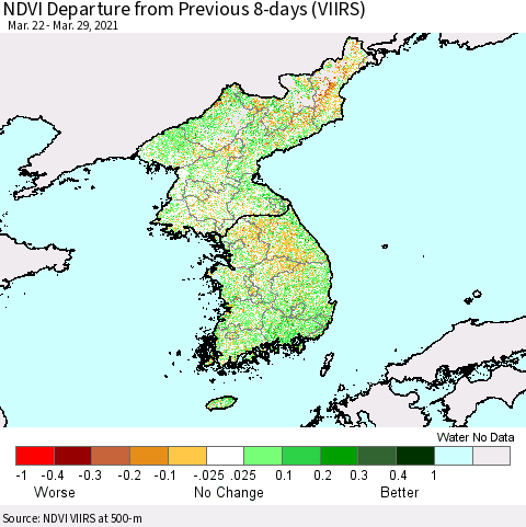 Korea NDVI Departure from Previous 8-days (VIIRS) Thematic Map For 3/22/2021 - 3/29/2021