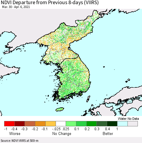 Korea NDVI Departure from Previous 8-days (VIIRS) Thematic Map For 3/30/2021 - 4/6/2021