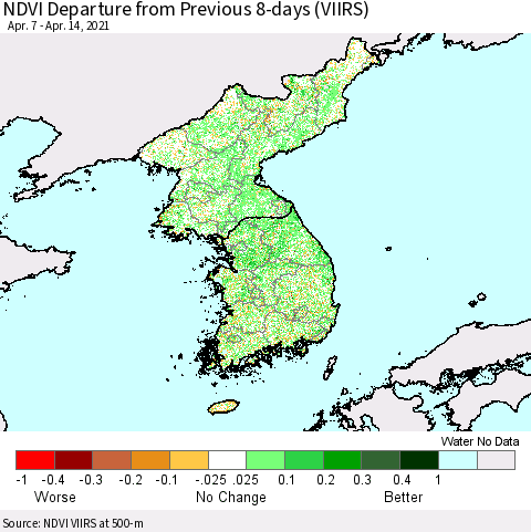 Korea NDVI Departure from Previous 8-days (VIIRS) Thematic Map For 4/7/2021 - 4/14/2021
