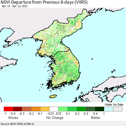 Korea NDVI Departure from Previous 8-days (VIIRS) Thematic Map For 4/15/2021 - 4/22/2021