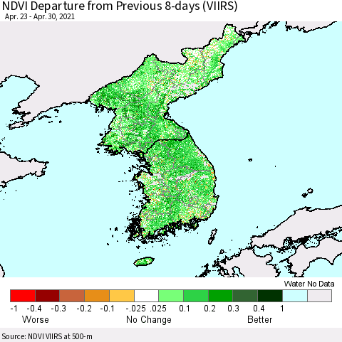 Korea NDVI Departure from Previous Dekad (VIIRS) Thematic Map For 4/21/2021 - 4/30/2021