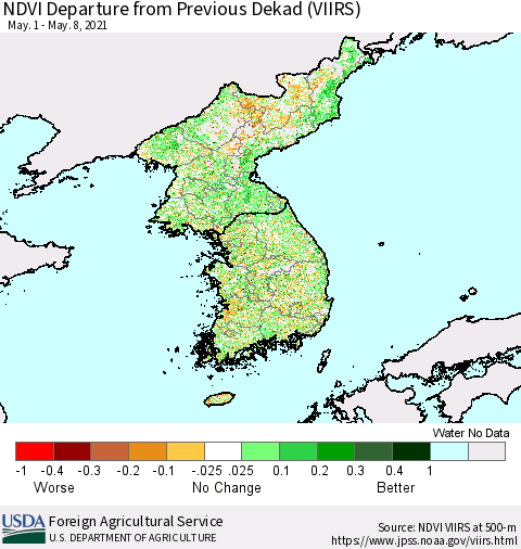 Korea NDVI Departure from Previous Dekad (VIIRS) Thematic Map For 5/1/2021 - 5/10/2021