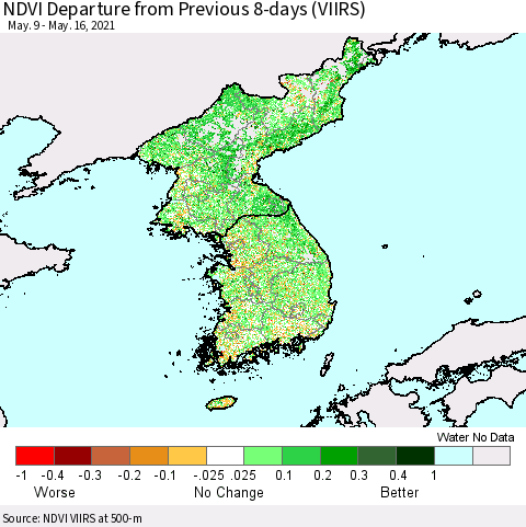 Korea NDVI Departure from Previous 8-days (VIIRS) Thematic Map For 5/9/2021 - 5/16/2021