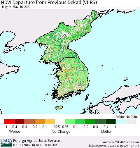 Korea NDVI Departure from Previous Dekad (VIIRS) Thematic Map For 5/11/2021 - 5/20/2021