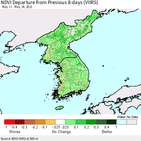 Korea NDVI Departure from Previous 8-days (VIIRS) Thematic Map For 5/17/2021 - 5/24/2021