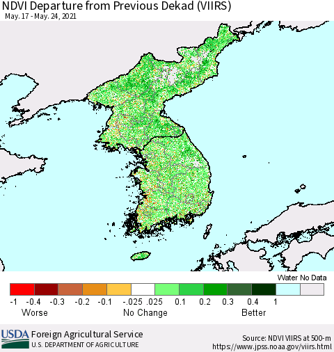 Korea NDVI Departure from Previous Dekad (VIIRS) Thematic Map For 5/21/2021 - 5/31/2021