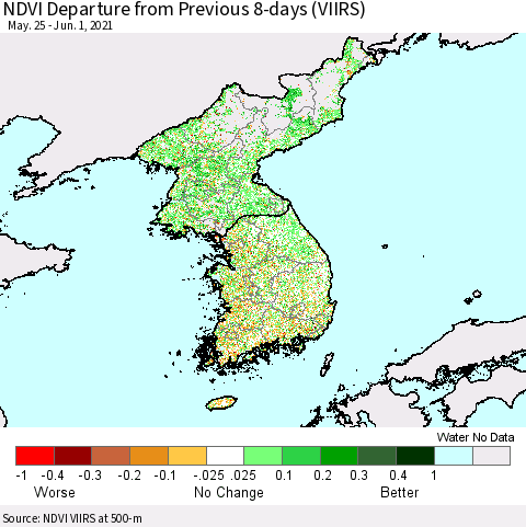 Korea NDVI Departure from Previous 8-days (VIIRS) Thematic Map For 5/25/2021 - 6/1/2021