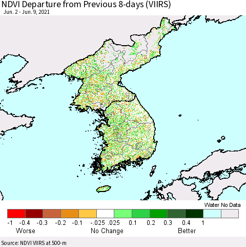 Korea NDVI Departure from Previous 8-days (VIIRS) Thematic Map For 6/2/2021 - 6/9/2021
