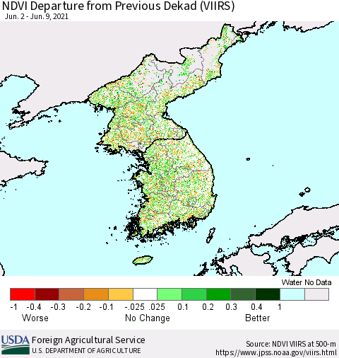 Korea NDVI Departure from Previous Dekad (VIIRS) Thematic Map For 6/1/2021 - 6/10/2021