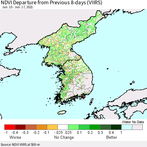 Korea NDVI Departure from Previous 8-days (VIIRS) Thematic Map For 6/10/2021 - 6/17/2021