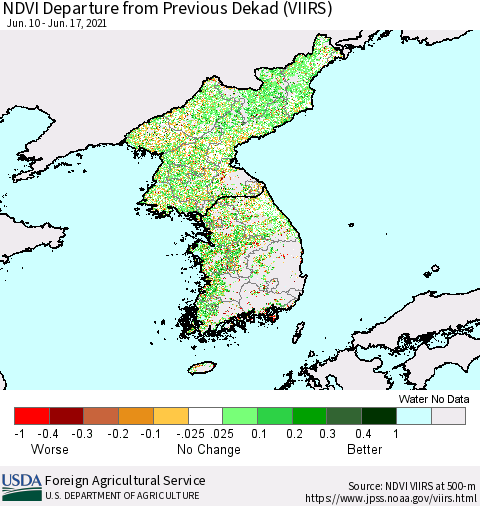 Korea NDVI Departure from Previous Dekad (VIIRS) Thematic Map For 6/11/2021 - 6/20/2021
