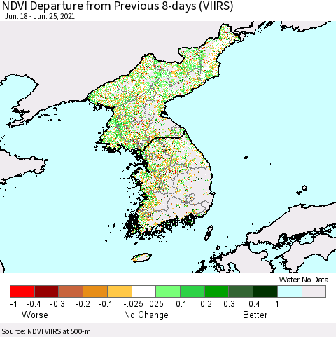 Korea NDVI Departure from Previous 8-days (VIIRS) Thematic Map For 6/18/2021 - 6/25/2021