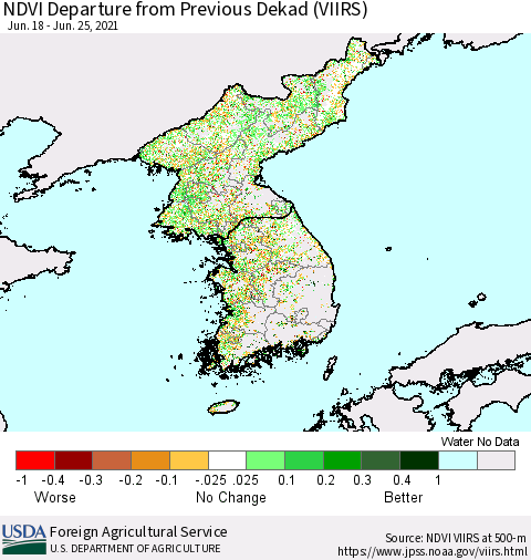 Korea NDVI Departure from Previous Dekad (VIIRS) Thematic Map For 6/21/2021 - 6/30/2021
