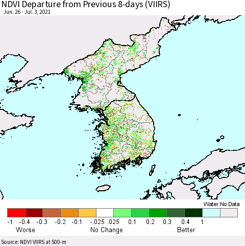 Korea NDVI Departure from Previous 8-days (VIIRS) Thematic Map For 6/26/2021 - 7/3/2021