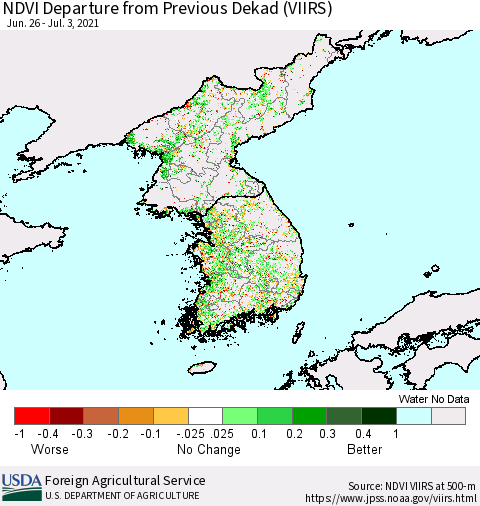 Korea NDVI Departure from Previous Dekad (VIIRS) Thematic Map For 7/1/2021 - 7/10/2021