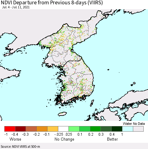 Korea NDVI Departure from Previous 8-days (VIIRS) Thematic Map For 7/4/2021 - 7/11/2021
