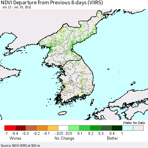 Korea NDVI Departure from Previous 8-days (VIIRS) Thematic Map For 7/12/2021 - 7/19/2021