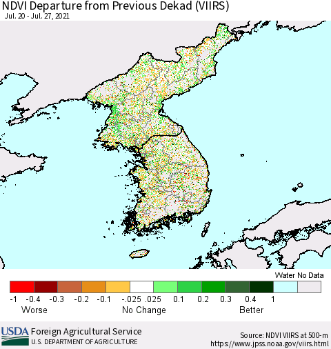 Korea NDVI Departure from Previous Dekad (VIIRS) Thematic Map For 7/21/2021 - 7/31/2021