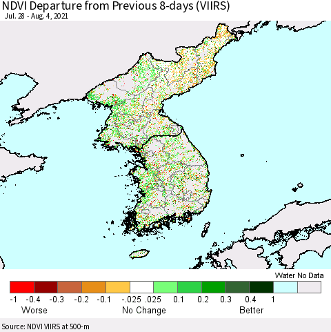Korea NDVI Departure from Previous 8-days (VIIRS) Thematic Map For 7/28/2021 - 8/4/2021