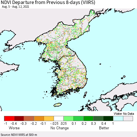 Korea NDVI Departure from Previous 8-days (VIIRS) Thematic Map For 8/5/2021 - 8/12/2021