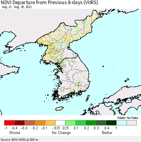 Korea NDVI Departure from Previous 8-days (VIIRS) Thematic Map For 8/21/2021 - 8/28/2021