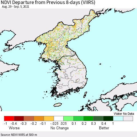 Korea NDVI Departure from Previous 8-days (VIIRS) Thematic Map For 8/29/2021 - 9/5/2021