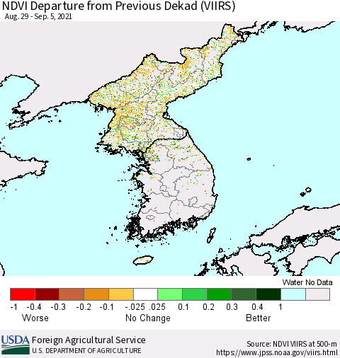 Korea NDVI Departure from Previous Dekad (VIIRS) Thematic Map For 9/1/2021 - 9/10/2021