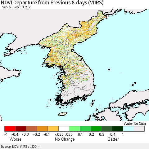 Korea NDVI Departure from Previous 8-days (VIIRS) Thematic Map For 9/6/2021 - 9/13/2021