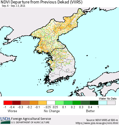 Korea NDVI Departure from Previous Dekad (VIIRS) Thematic Map For 9/11/2021 - 9/20/2021
