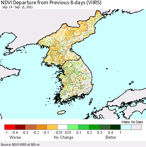Korea NDVI Departure from Previous 8-days (VIIRS) Thematic Map For 9/14/2021 - 9/21/2021