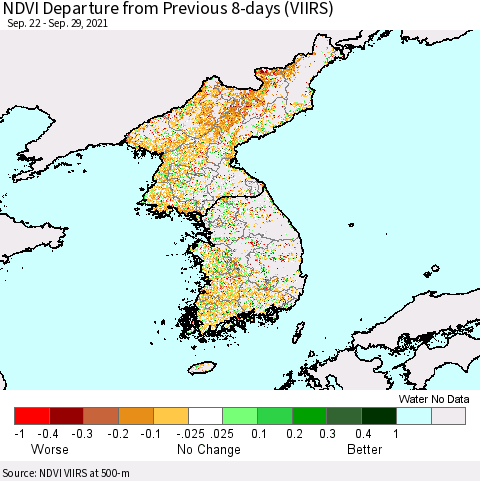 Korea NDVI Departure from Previous 8-days (VIIRS) Thematic Map For 9/22/2021 - 9/29/2021