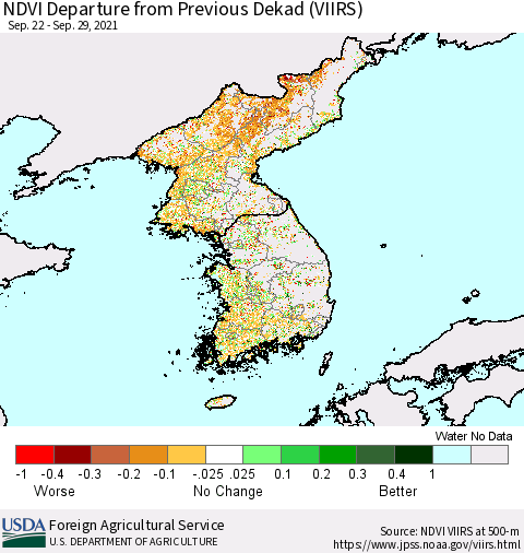 Korea NDVI Departure from Previous Dekad (VIIRS) Thematic Map For 9/21/2021 - 9/30/2021