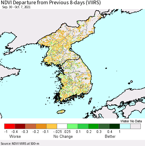 Korea NDVI Departure from Previous 8-days (VIIRS) Thematic Map For 9/30/2021 - 10/7/2021
