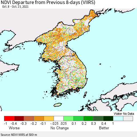 Korea NDVI Departure from Previous 8-days (VIIRS) Thematic Map For 10/8/2021 - 10/15/2021