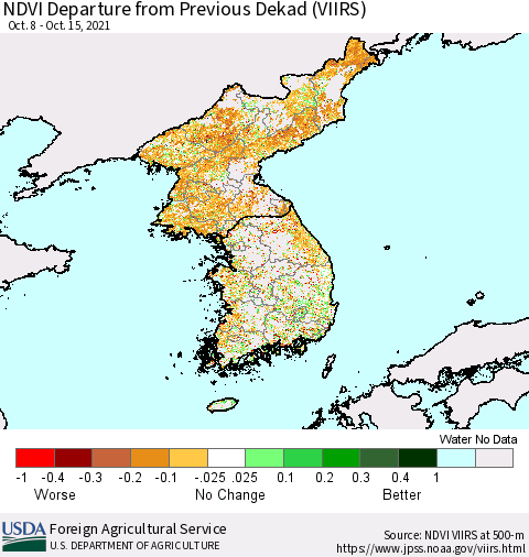 Korea NDVI Departure from Previous Dekad (VIIRS) Thematic Map For 10/11/2021 - 10/20/2021