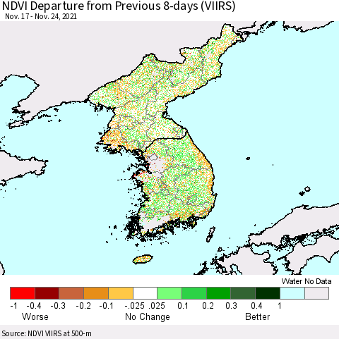 Korea NDVI Departure from Previous 8-days (VIIRS) Thematic Map For 11/17/2021 - 11/24/2021