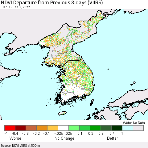Korea NDVI Departure from Previous 8-days (VIIRS) Thematic Map For 1/1/2022 - 1/8/2022