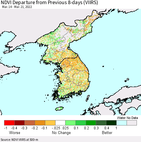 Korea NDVI Departure from Previous 8-days (VIIRS) Thematic Map For 3/14/2022 - 3/21/2022